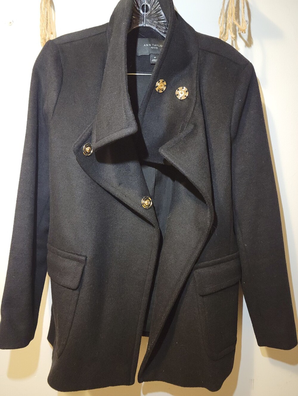 Ann Taylor Petite Black Wool Blend Military Peacoat Gold Buttons MP